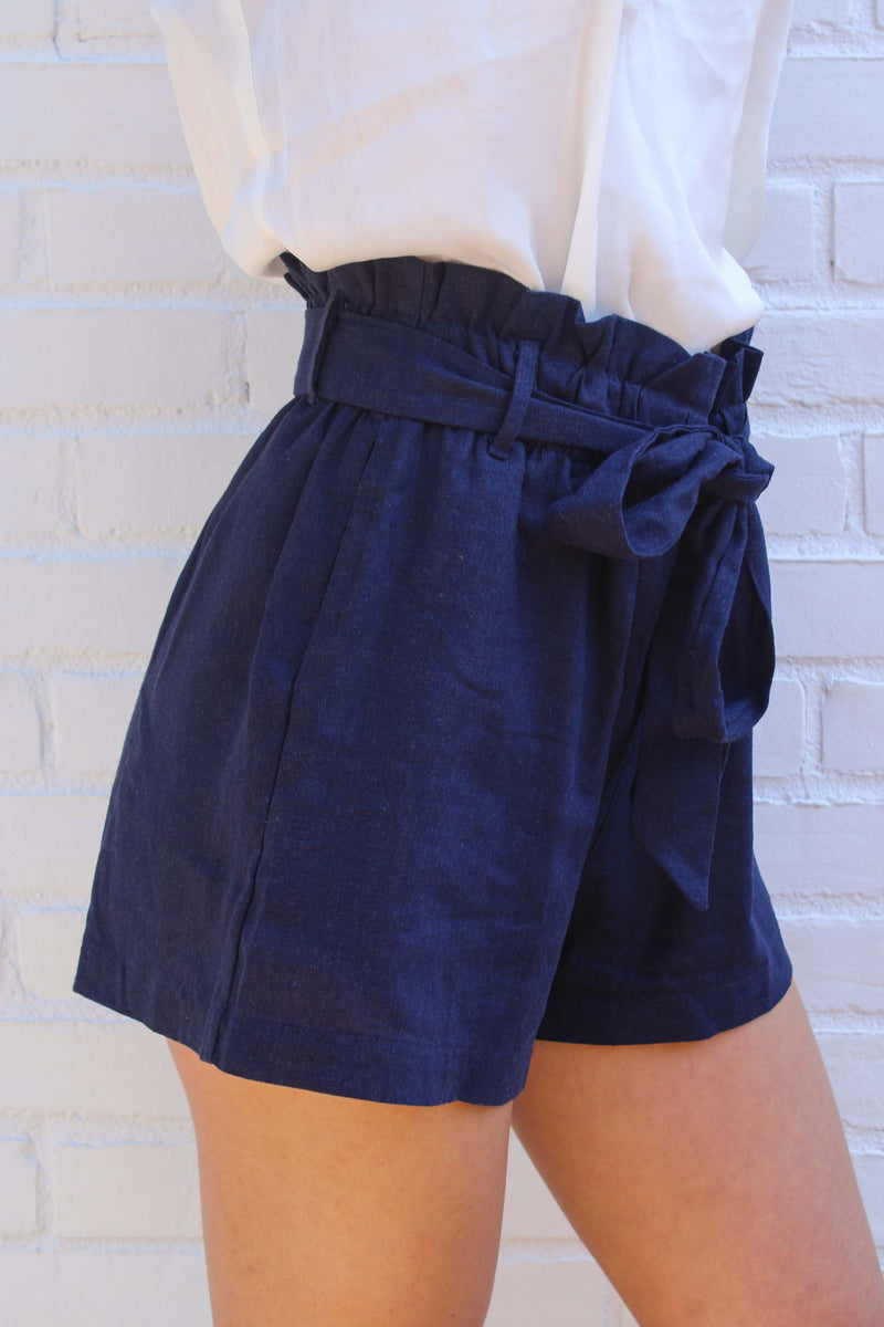 Midnight Breeze Navy Paperbag Linen Shorts