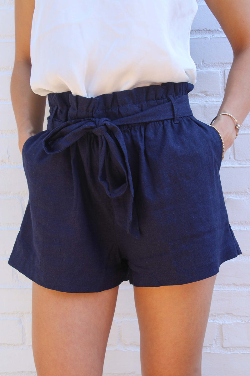 Midnight Breeze Navy Paperbag Linen Shorts