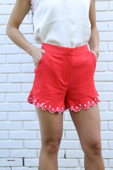 Tanzy Embroidered High Rise Red Shorts