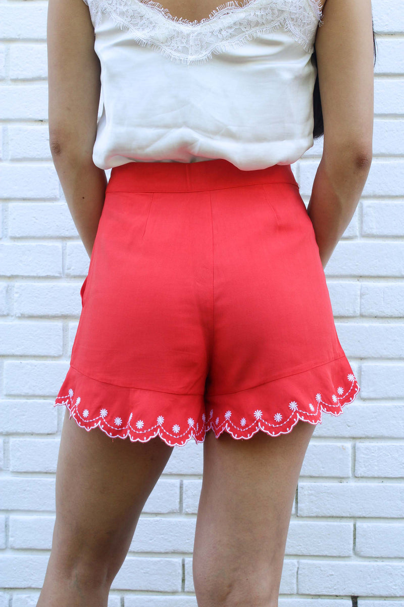 Tanzy Embroidered High Rise Red Shorts